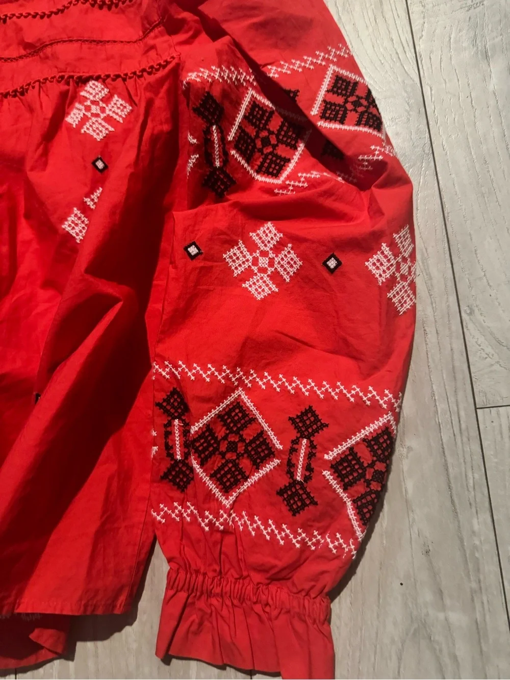 Zara Red Embroidered Long Sleeve Blouse